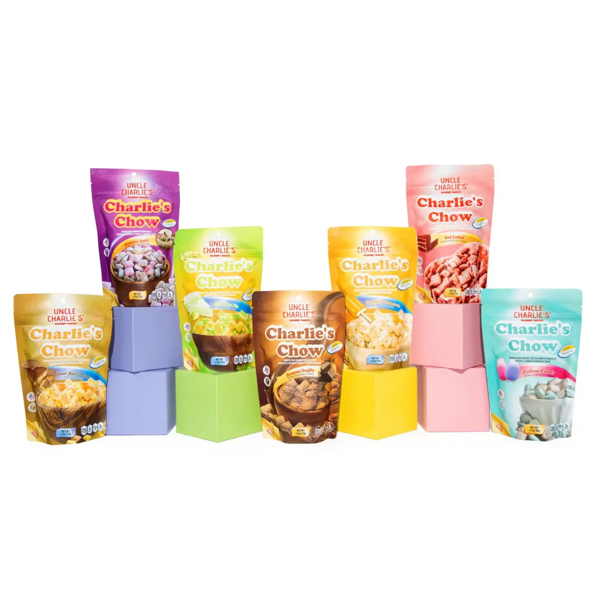 Seven colorful Charlie’s Chow pouches arranged as a retail product line