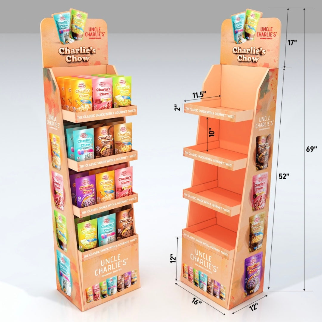 Dimensioned Charlie’s Chow retail floor display shown stocked and empty