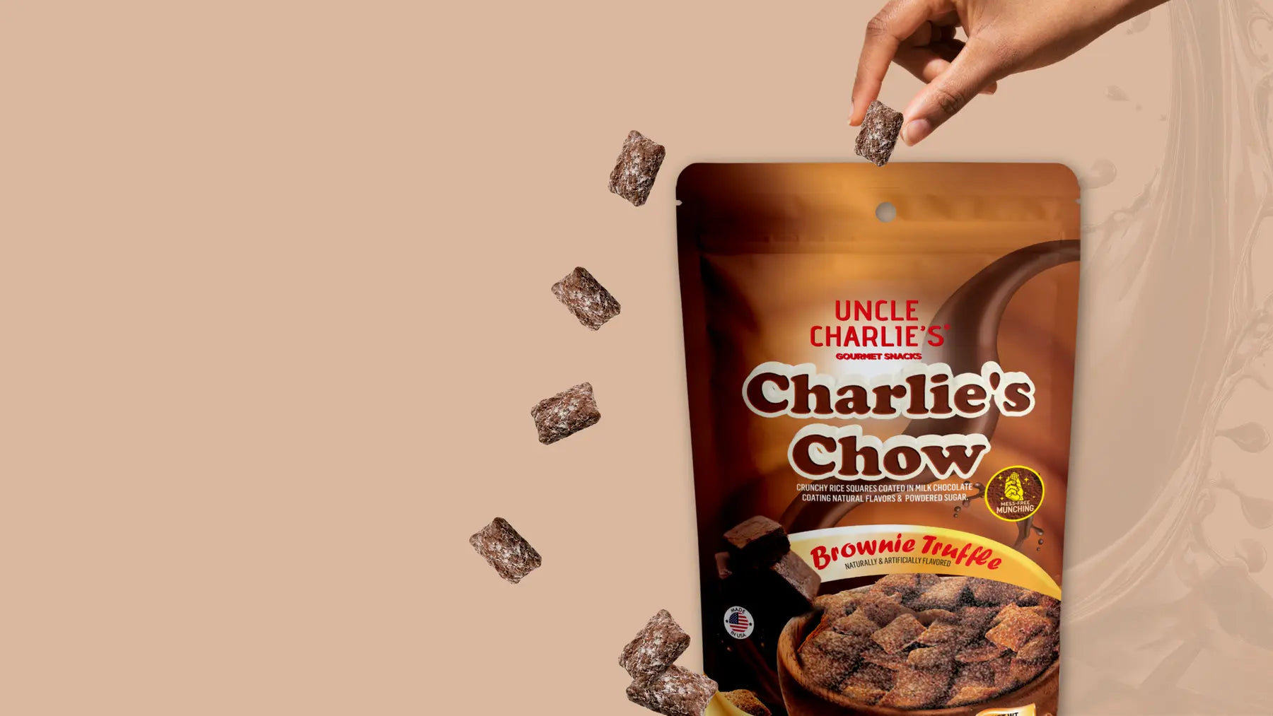 Brownie Truffle Charlie’s Chow pouch with crunchy chocolate pieces
