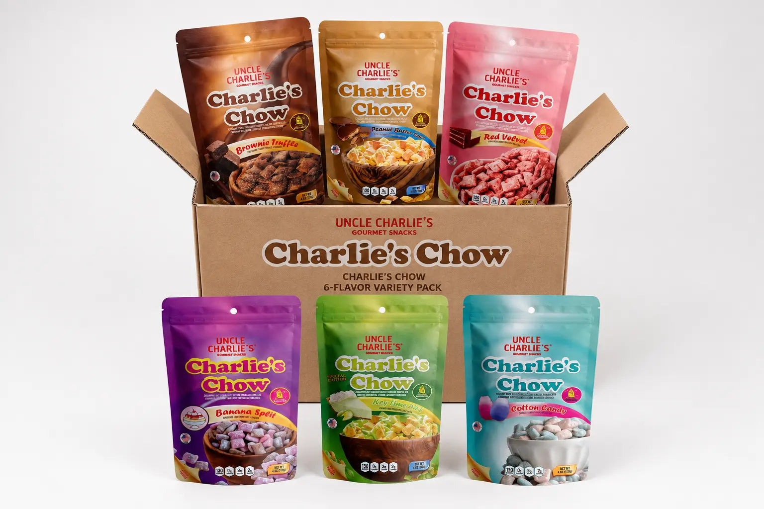 Charlie’s Chow six-flavor Variety Pack with branded box