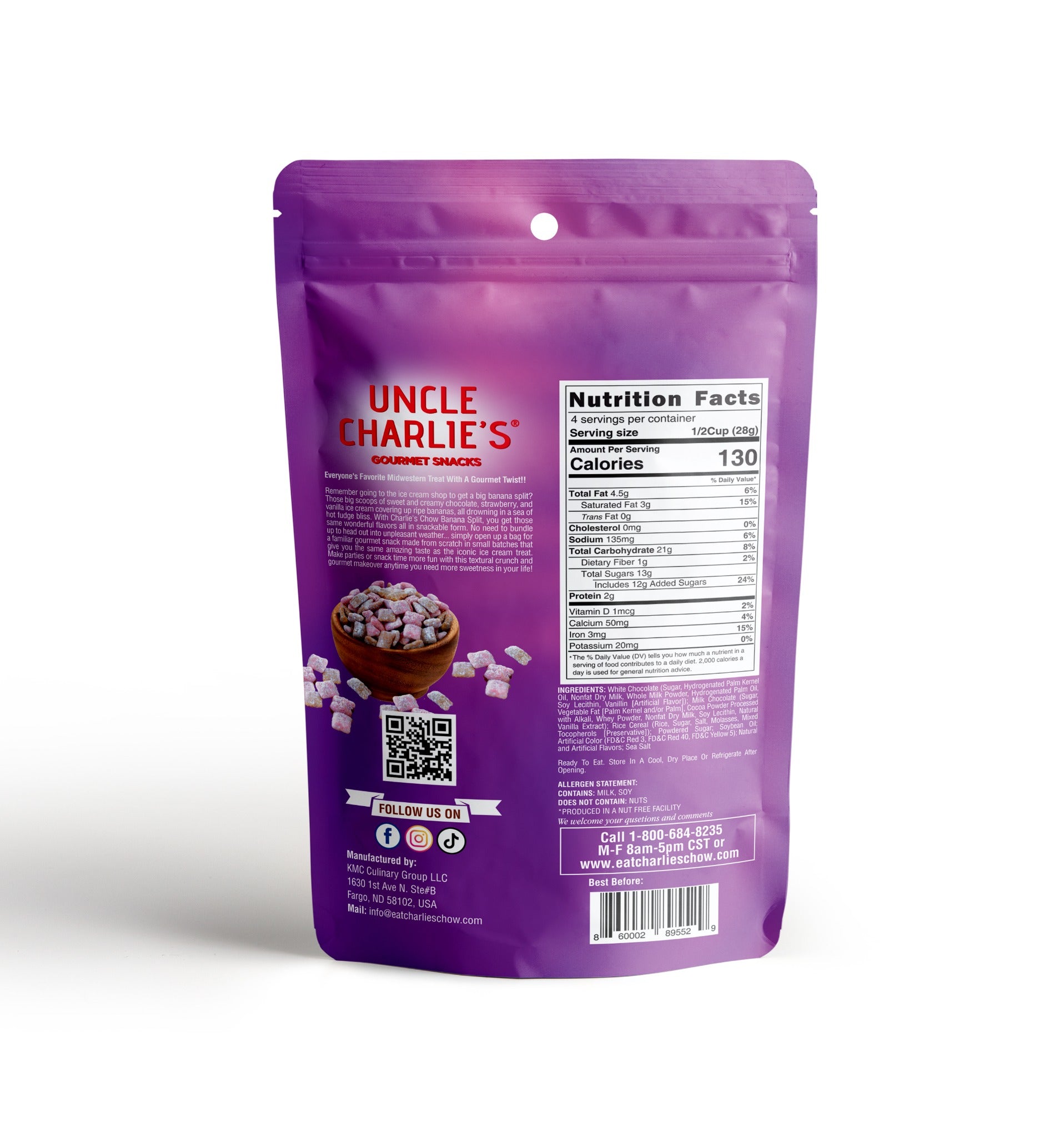 Back of Banana Split Charlie’s Chow pouch with Nutrition Facts, ingredients, allergen information, QR code, and barcode