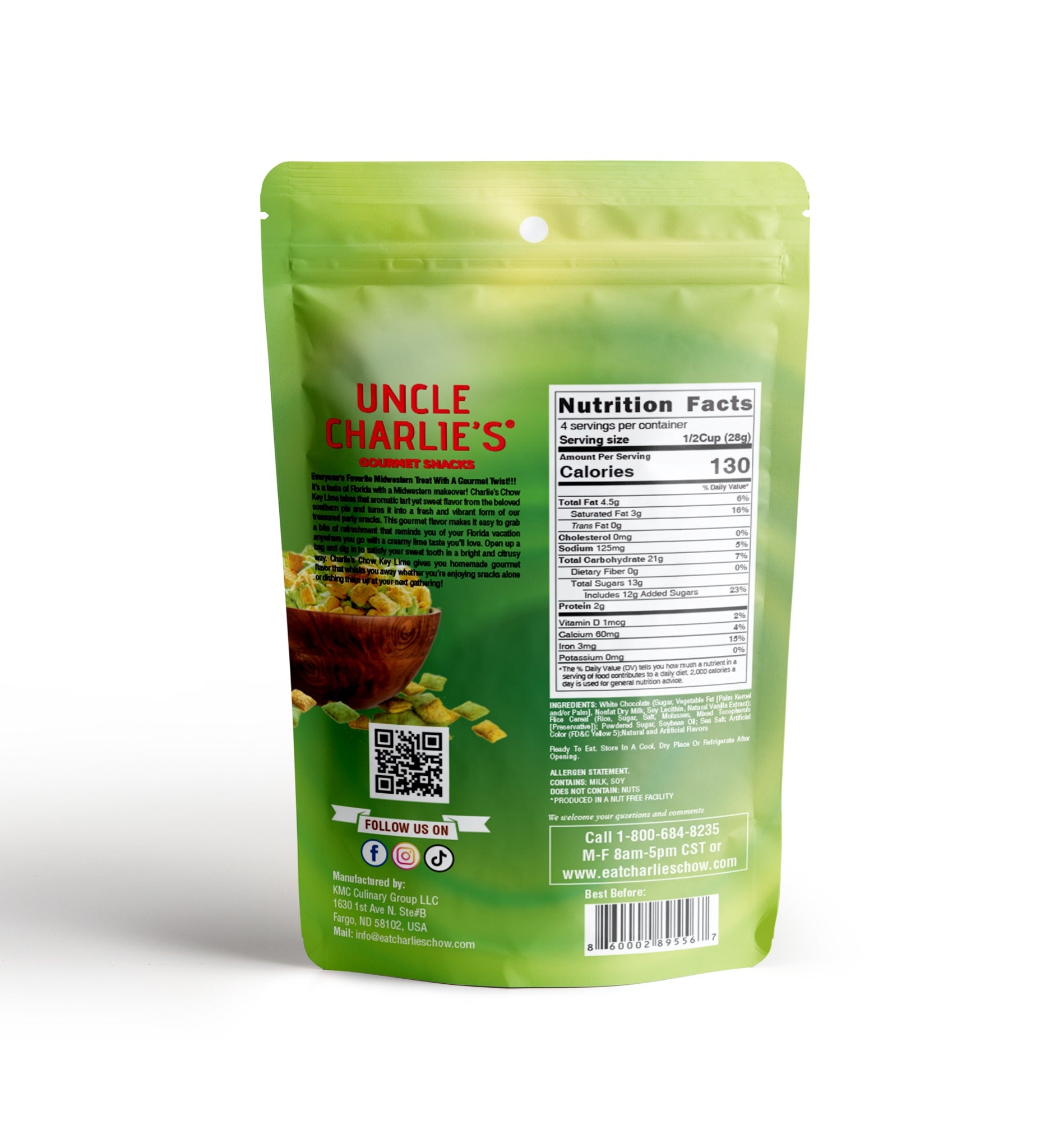 Back of Key Lime Pie Charlie’s Chow pouch with Nutrition Facts, ingredients, allergen information, QR code, and barcode