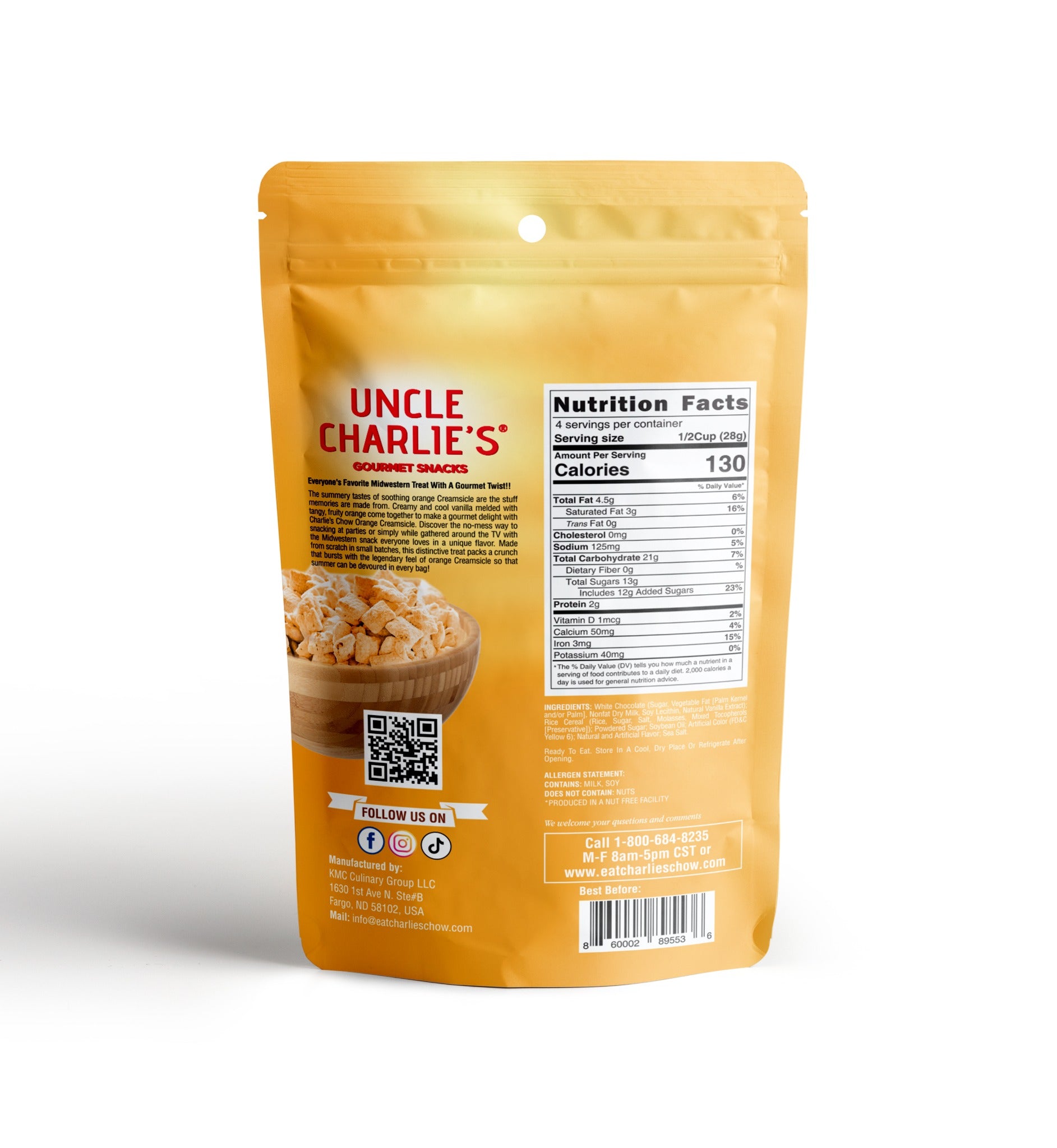 Back of Orange Creamsicle Charlie’s Chow pouch with Nutrition Facts, ingredients, allergen information, QR code, and barcode