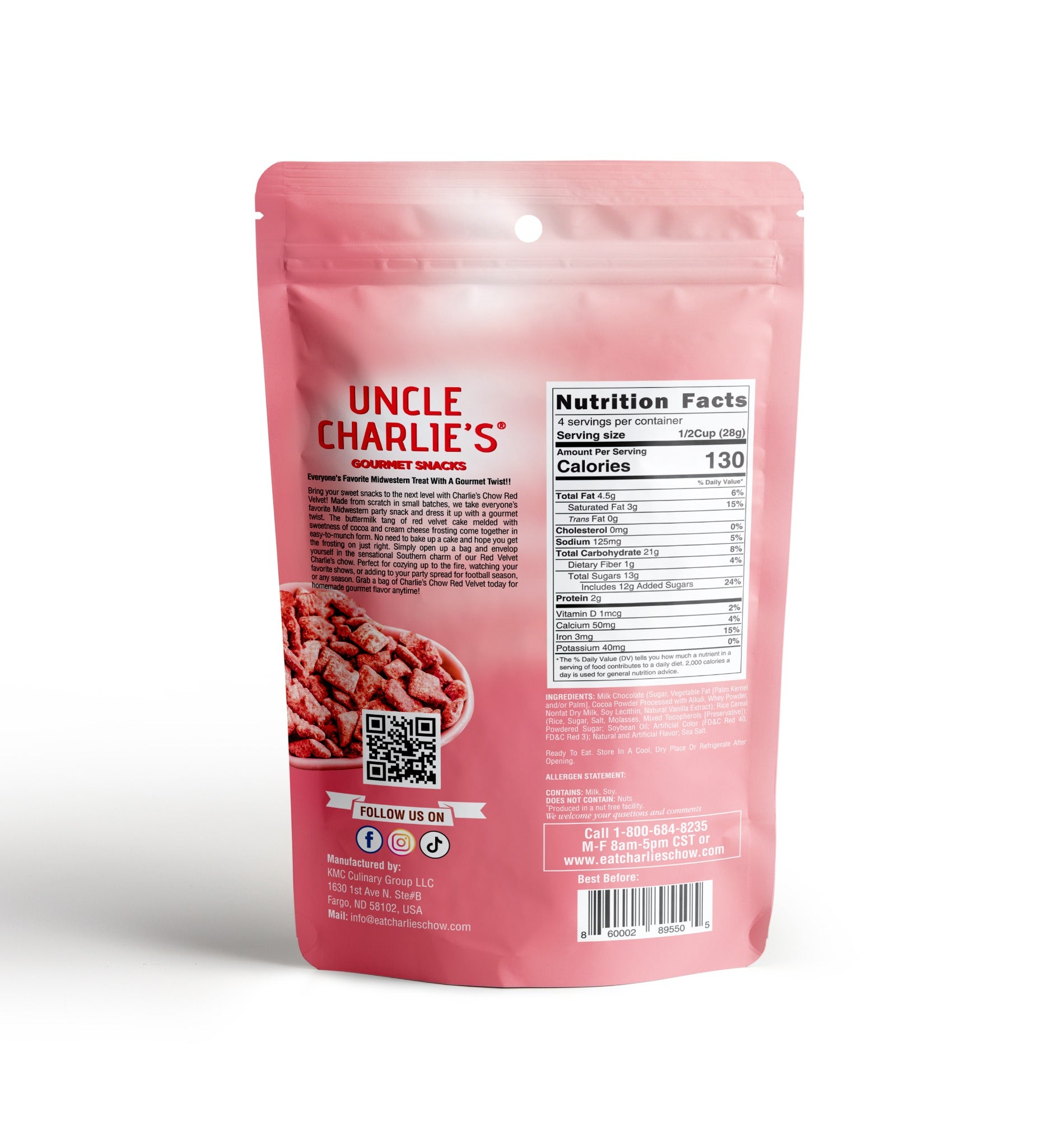 Back of Red Velvet Charlie’s Chow pouch with Nutrition Facts, ingredients, allergen information, QR code, and barcode