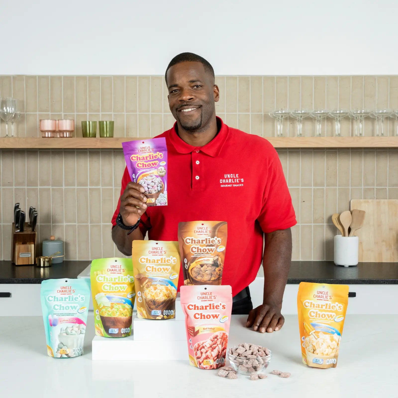 Founder Clayton Cottman with the full Charlie’s Chow flavor lineup