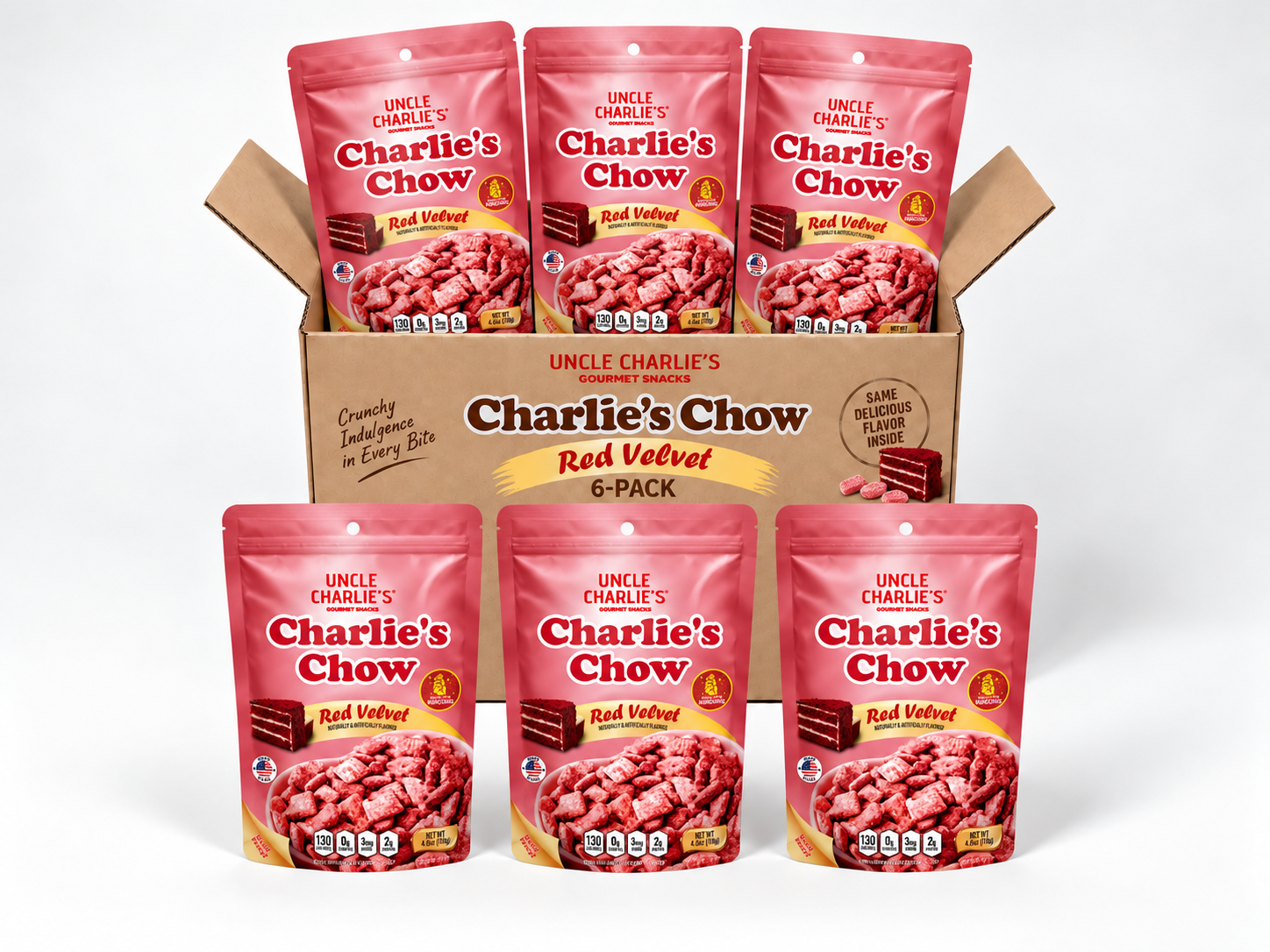 Six-pack of Red Velvet Charlie’s Chow
