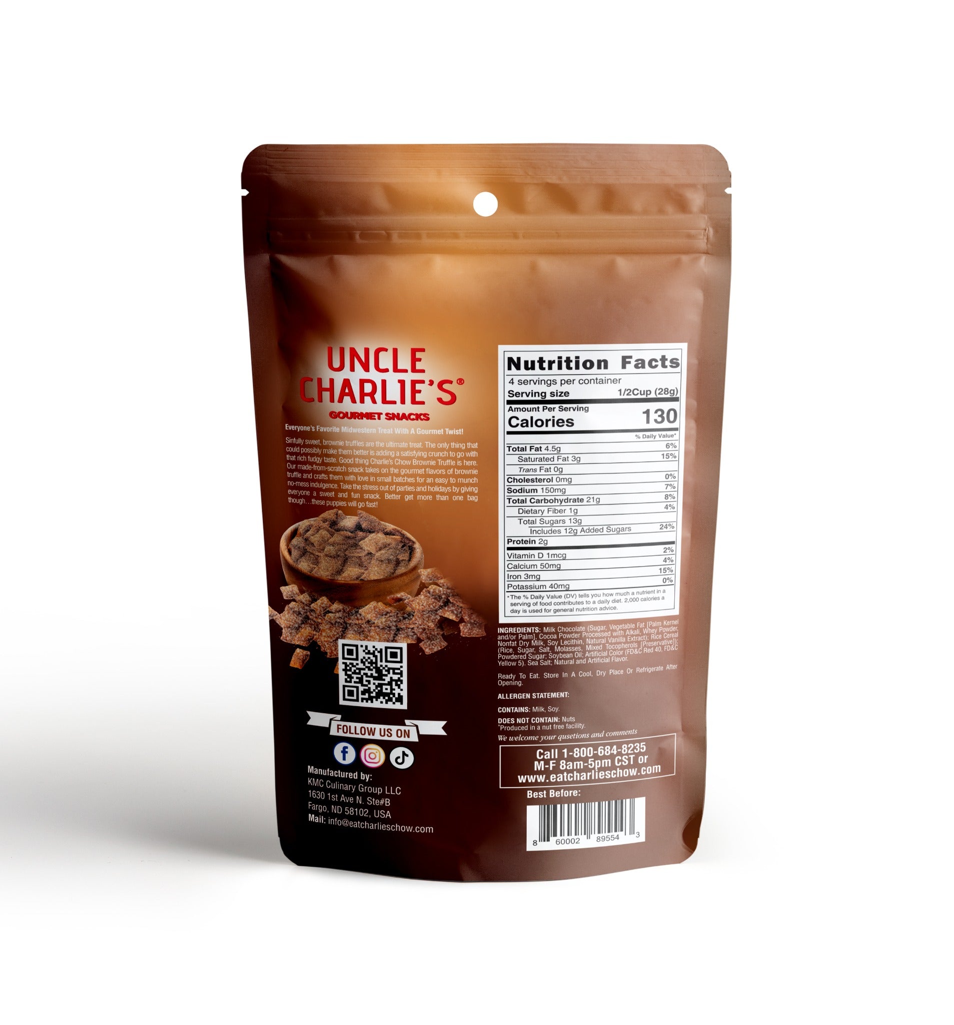 Back of Brownie Truffle Charlie’s Chow pouch with Nutrition Facts, ingredients, allergen information, QR code, and barcode