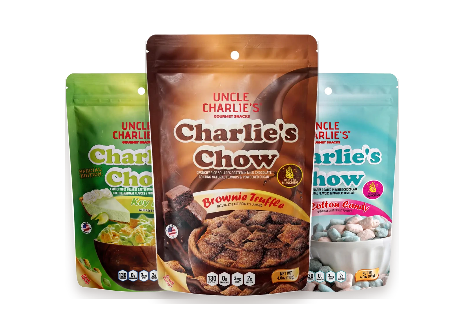 Key Lime Pie, Brownie Truffle, and Cotton Candy Charlie’s Chow pouches